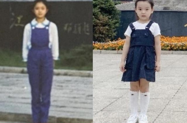 董璇带女儿回老家，母女相隔22年同地拍照，小酒窝乖巧像妈妈