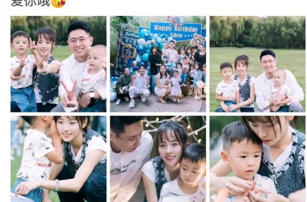 张嘉倪为大儿子庆生，一家4口幸福满满，买超看老婆的眼神绝了！