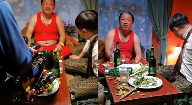 谢广坤拍戏喝多脸通红，撩衣露肚腩大金链抢镜，下酒菜就吃葱蘸酱